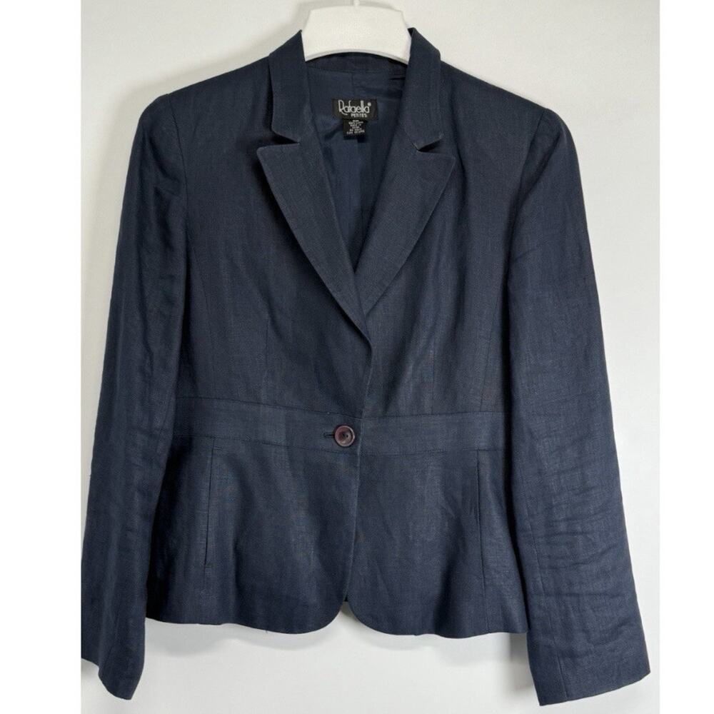Rafaella Blazer 100% Linen Jacket Women's Size 10P Blue 1-Button Long Sleeve
